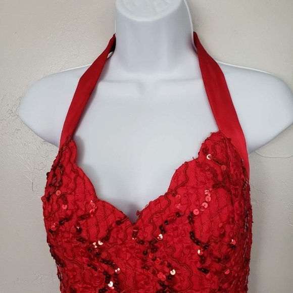 Bari-Jay Vintage Women's Red Sequin Halter Top Mini Dress Scallop Formal Fancy - Picture 10 of 14